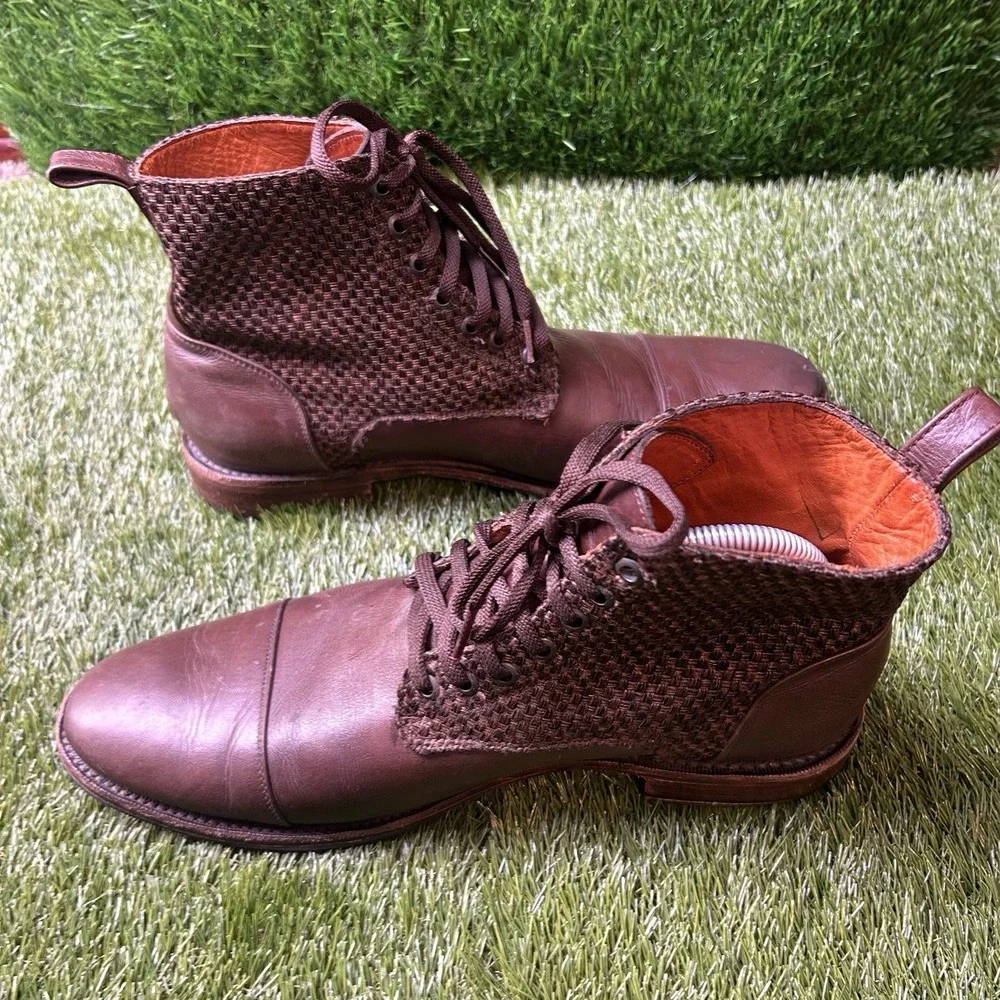Scott & Lowe Mens Brown‎ Leather Woven Goodyear Welted Cap Toe Lace Up Boots